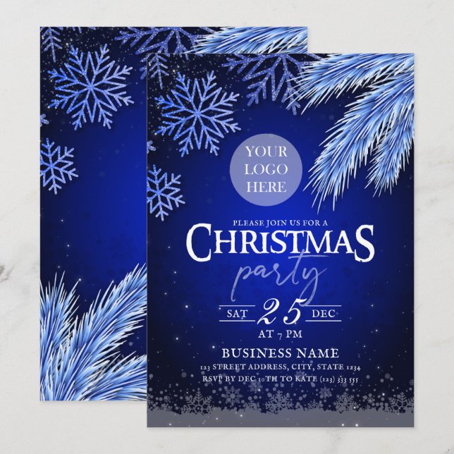 Weihnachts-Party-Logo Blue Winter Elegante Einladung (Vorne/Hinten)