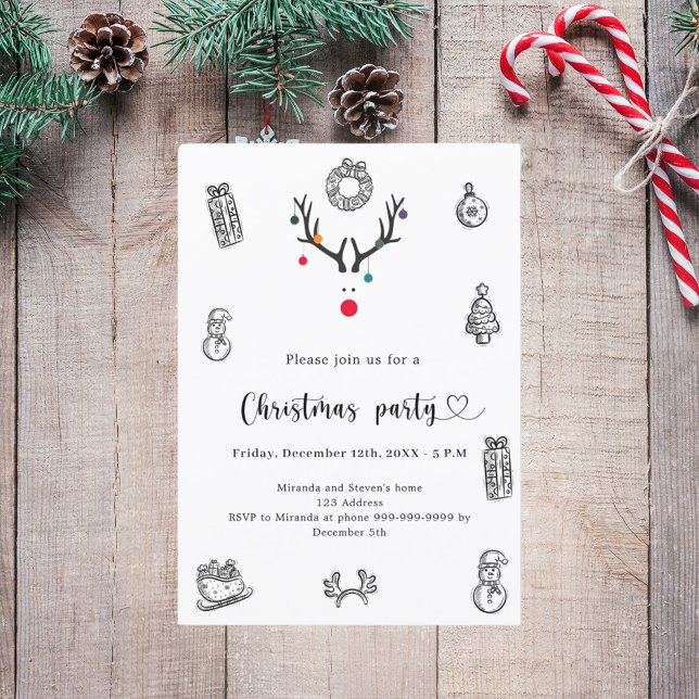Weihnachts-Party Moderne, lustige Rentierdoodles Einladung (Von Creator hochgeladen)
