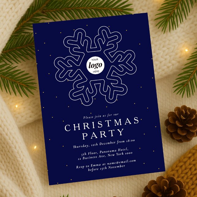 Weihnachts-Party Navy Blue Business-Logo Einladung (Company Christmas Party Invitation in navy blue and white with snowflake detail and your logo)