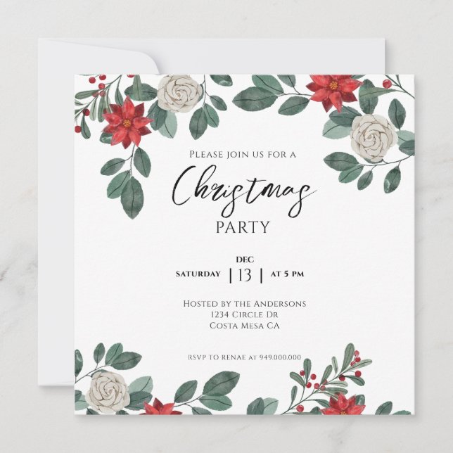 Weihnachts-Party Red Green Floral Einladung (Vorderseite)