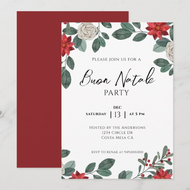 Weihnachts-Party Red Green Floral Einladung (Vorne/Hinten)