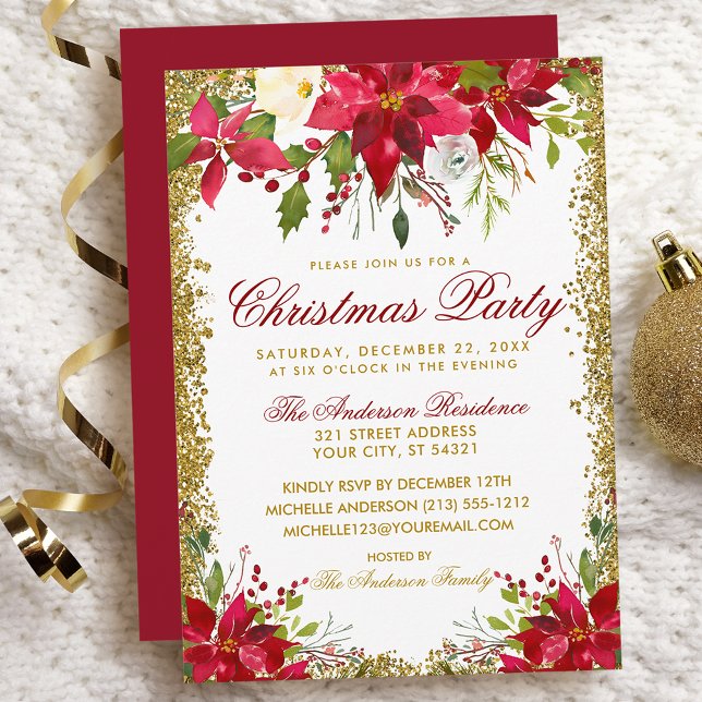 Weihnachts-Party Red Poinsettia Floral Gold Glitze Einladung (Customize to change text color, size, style or to change color of back of card.)