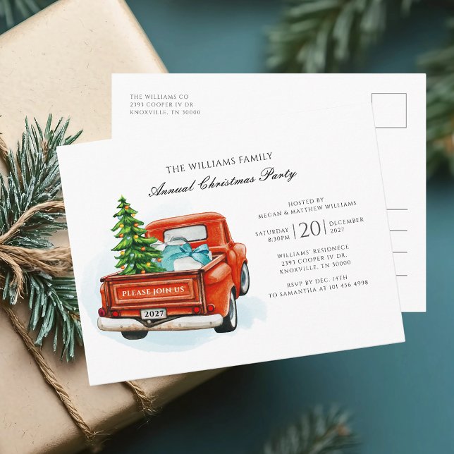 Weihnachts-Party Red Truck Einladungspostkarte (Christmas Party Invitation Rustic Red Truck Postcard)