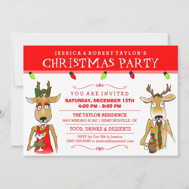 Weihnachts-Party Rentier mit Getränken Einladung (Vorderseite)