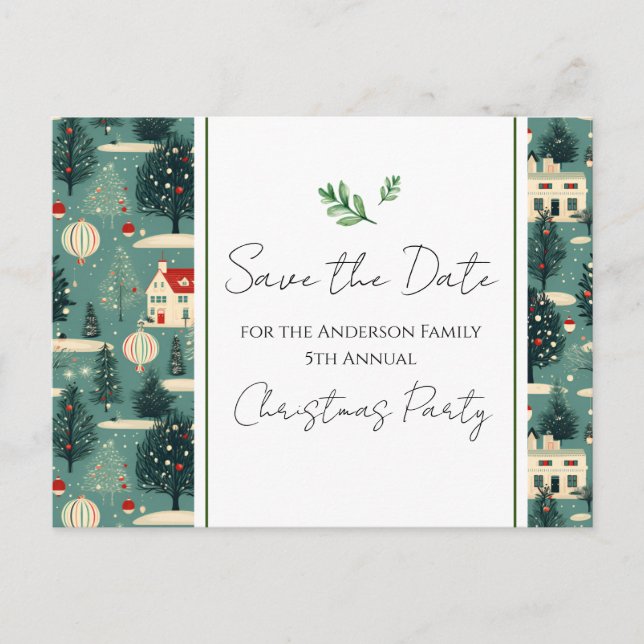 Weihnachts-Party Retro Village Save the Date Postkarte (Vorderseite)