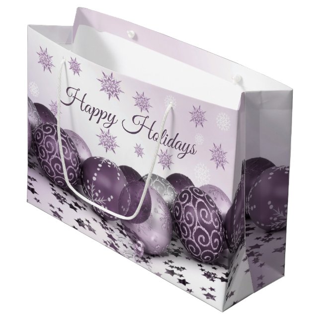 Weihnachts-Party Rosa Lila Ornamente Schneeflocken Große Geschenktüte (Vorderseite Schrägansicht)