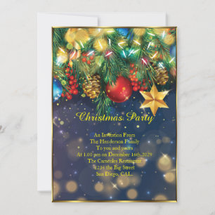 Weihnachts-Party Rot-Gold Blue Green Baubles Star Einladung