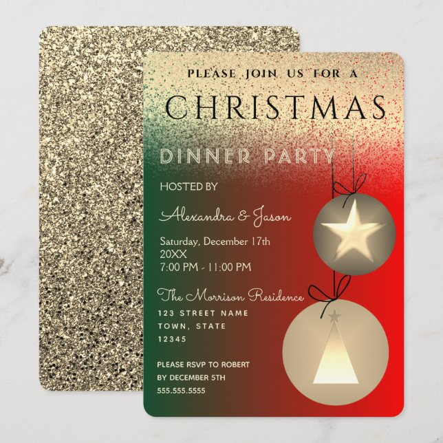 Weihnachts Party Rot Grün und Gold Glitzer Einladung (Vorne/Hinten)