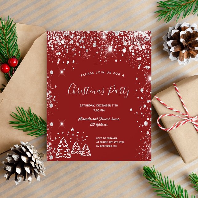 Weihnachts-Party Rot-Silber-Einladung Flyer (Von Creator hochgeladen)