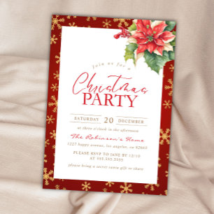 Weihnachts Party Rot und Gold Holly Poinsettia Einladung