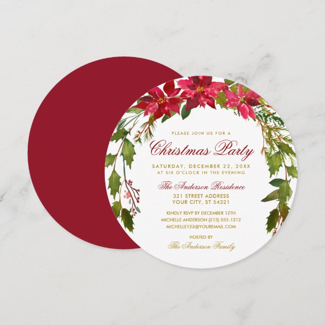 Weihnachts-Party Rote Poinsettia Runde Einladung (Vorne/Hinten)