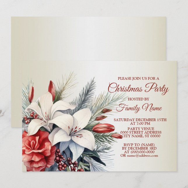 Weihnachts-Party Rote weiße Blume Einladung (Vorne/Hinten)