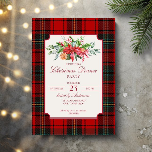 Weihnachts-Party Roter karierter Kiefernbogen eleg Einladung (Christmas party red plaid pine winter greenery bow elegant invitation cards template)