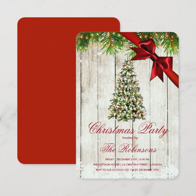 Weihnachts-Party | Rustikale Baumleuchten | Red Ri Einladung (Vorne/Hinten)