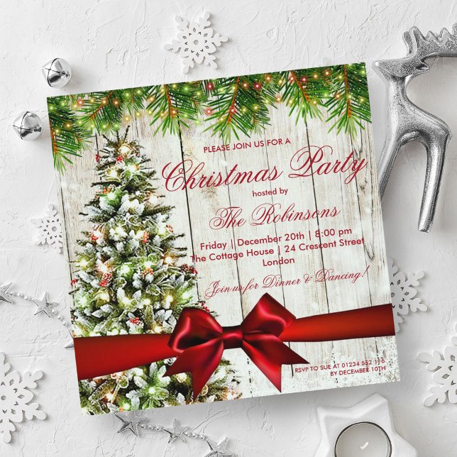 Weihnachts-Party | Rustikaler Baum, Lichter und ro Einladung (Christmas Party | Rustic Tree, Lights & Red Ribbon Invitation)