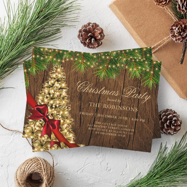 Weihnachts-Party | Rustikaler Goldbaum und Roter B Einladung (Christmas Party | Rustic Gold Tree & Red Ribbon Invitation)