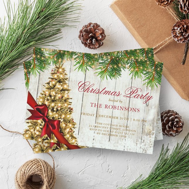 Weihnachts-Party | Rustikaler Goldbaum und Roter B Einladung (Christmas Party | Rustic Gold Tree & Red Ribbon Invitation)