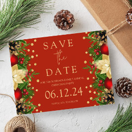 Weihnachts-Party Save the Date Gold Blumenrot Ankündigungspostkarte