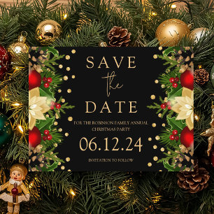Weihnachts-Party Save the Date Gold Floral Black Ankündigungspostkarte