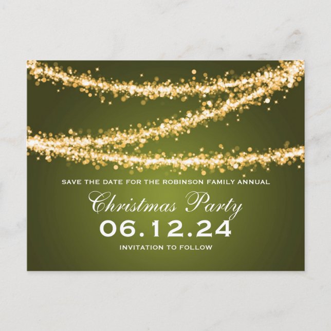 Weihnachts-Party Save the Date Gold String Lights Ankündigungspostkarte (Vorderseite)