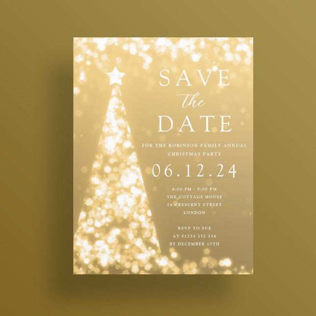 Weihnachts-Party Save the Date Gold Tree Glam Ankündigungspostkarte (Christmas Party Save The Date Gold Tree Glam Announcement Postcard)