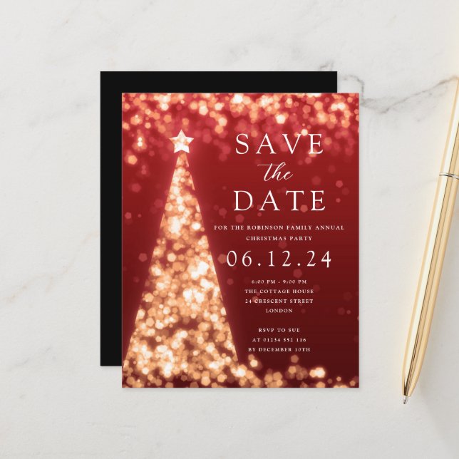 Weihnachts-Party Save the Date Gold Tree Red Einla (Vorderseite/Rückseite Beispiel)
