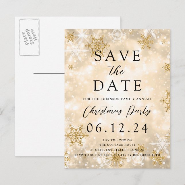 Weihnachts-Party Save the Date Gold Winter Wunder Ankündigungspostkarte (Vorne/Hinten)
