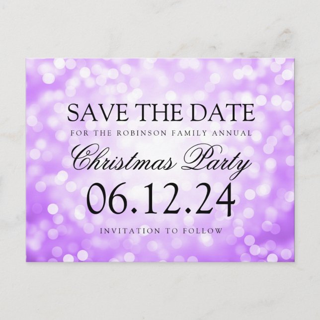 Weihnachts-Party Save the Date Lila Glitzer Ankündigungspostkarte (Vorderseite)