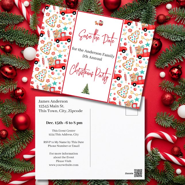Weihnachts-Party Save the Date Roter LKW Postkarte (Family Christmas Party Save the Date Red Truck Postcard)