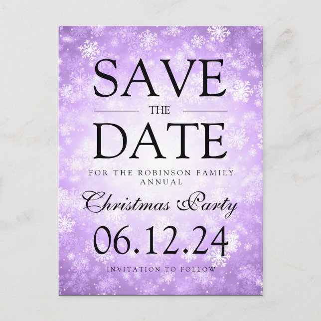 Weihnachts-Party Save the Date Winter Lila Ankündigungspostkarte (Vorderseite)