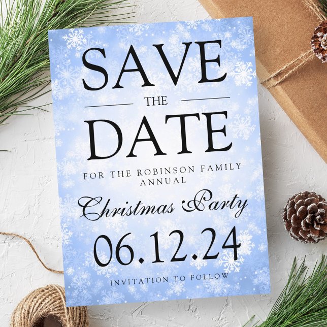 Weihnachts-Party Save the Date Winterblau Ankündigungspostkarte (Christmas Party Save The Date Winter Blue Announcement Postcard)