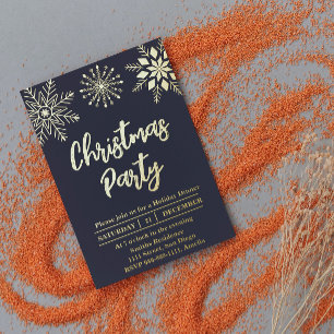 Weihnachts-Party Schneeflocke Gold Blue Modern Folieneinladung
