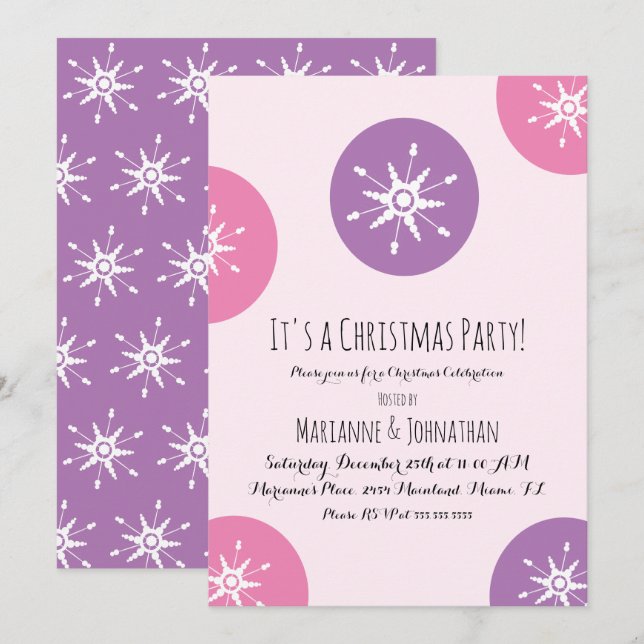 Weihnachts-Party Schneeflocken Rosa Lila Punkte Einladung (Vorne/Hinten)