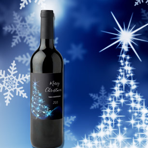 Weihnachts-Party Schwarz-Blau-Moderne glänzende Bä Weinetikett