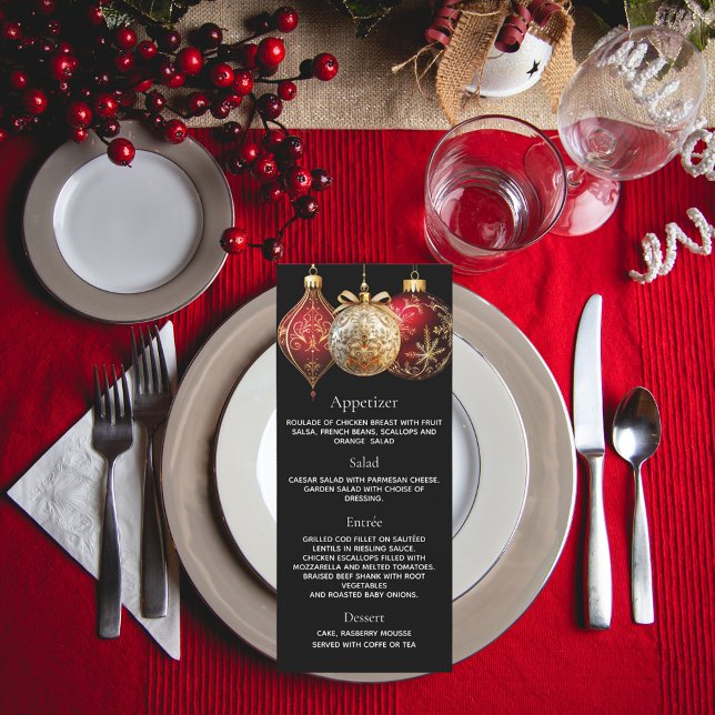 Weihnachts-Party Schwarz-Gold-Baubles-Menükarte Einladung (Von Creator hochgeladen)