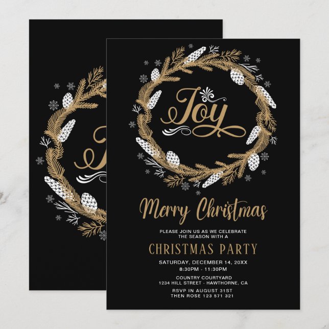 Weihnachts Party schwarz & gold Freude Einladung (Vorne/Hinten)