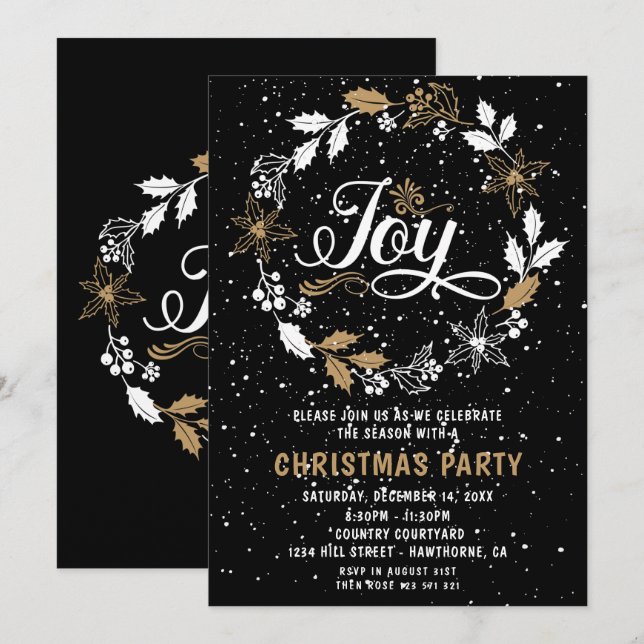 Weihnachts Party schwarz & gold Freude Einladung (Vorne/Hinten)