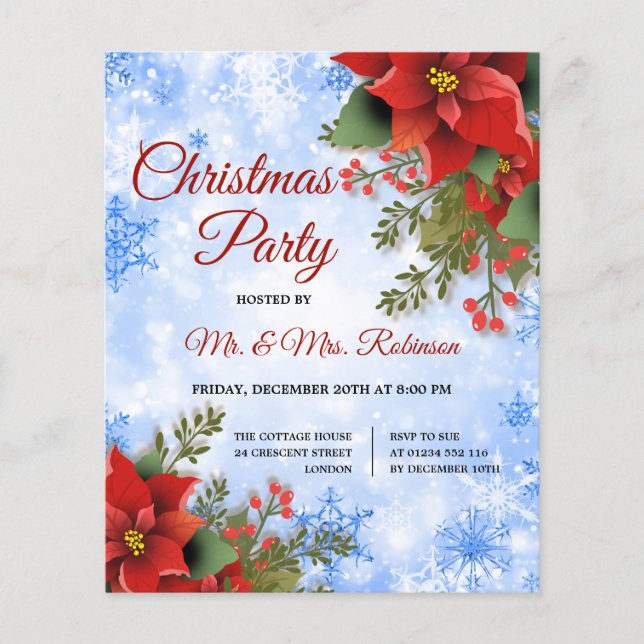 Weihnachts-Party Silver Blue Sparkle Poinsettia Flyer (Vorne)