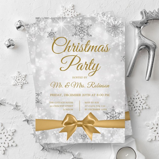 Weihnachts-Party Silver Winter Sparkle Gold Ribbon Einladung (Christmas Party Silver Winter Sparkle Gold Ribbon Invitation)