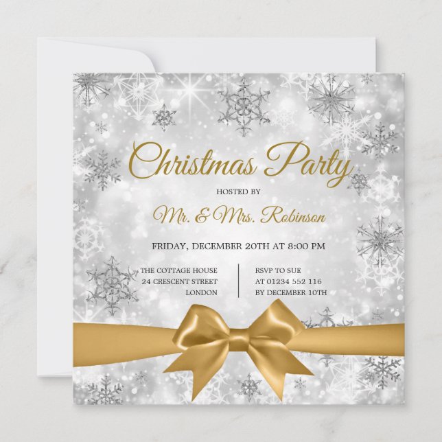 Weihnachts-Party Silver Winter Sparkle Gold Ribbon Einladung (Vorderseite)