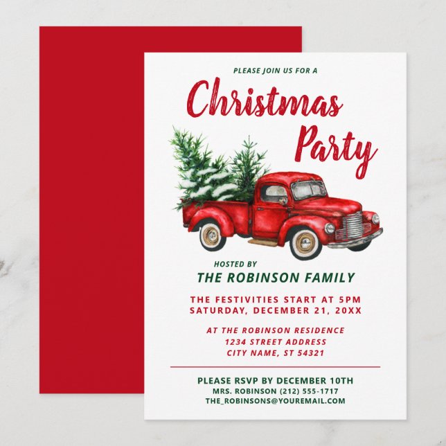 Weihnachts-Party Vintager Rotlastwagen Einladung (Vorne/Hinten)