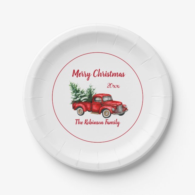 Weihnachts-Party Vintager Rotlastwagen Pappteller (Vorderseite)