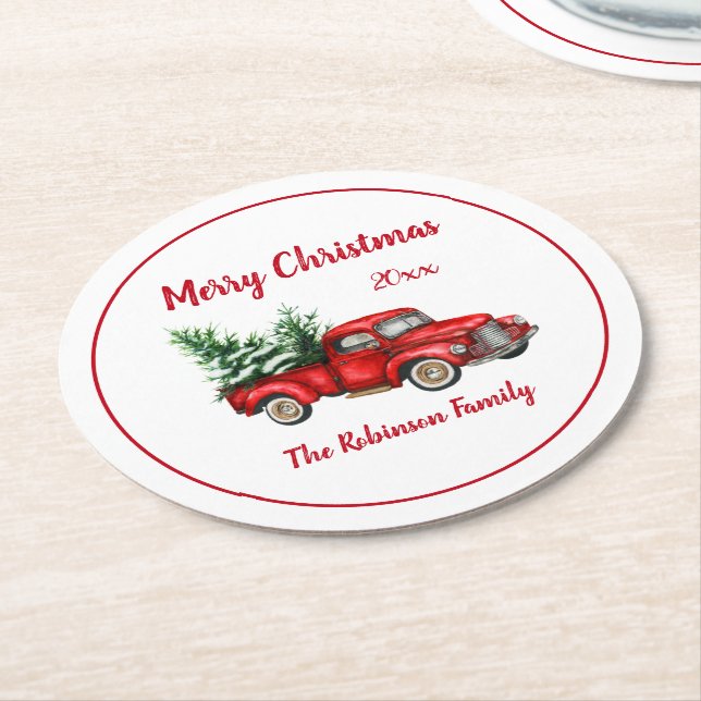 Weihnachts-Party Vintager Rotlastwagen Runder Pappuntersetzer (Angewinkelt)