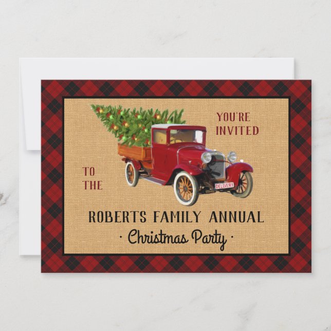 Weihnachts-Party Vintager Truck Tree Karierter Kar Einladung (Vorderseite)