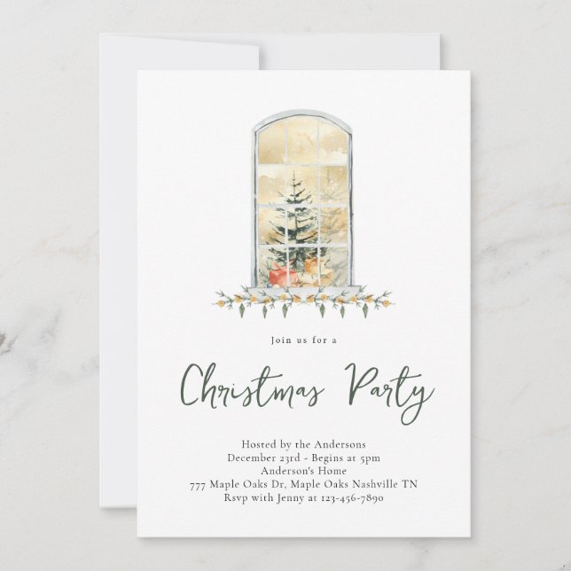 Weihnachts-Party Wasserfarbe Schneefenster Einladu Einladung (Vorderseite)