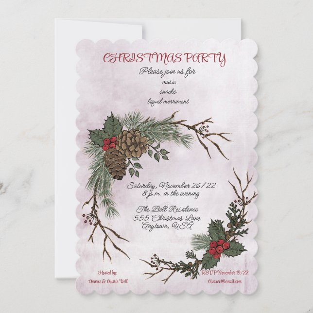 Weihnachts-Party Wasserfarbener Pinienwald Ankündigung (Vorderseite)
