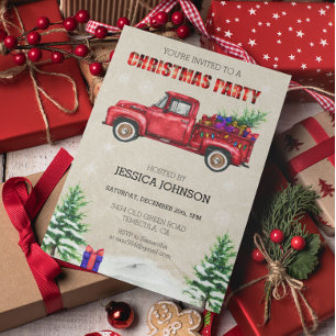 Weihnachts-Party Watercolor Truck Rot Kariert Einladung
