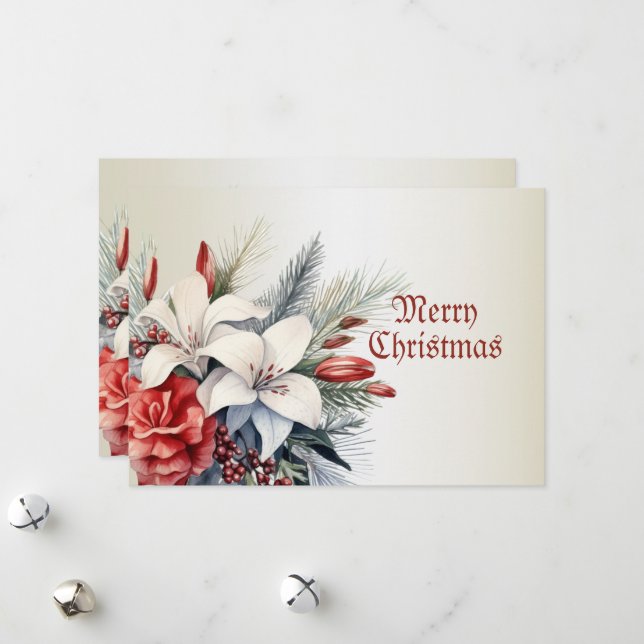 Weihnachts-Party Weißes Rotes Blume Feiertagskarte (Vorderseite/Rückseite Beispiel)
