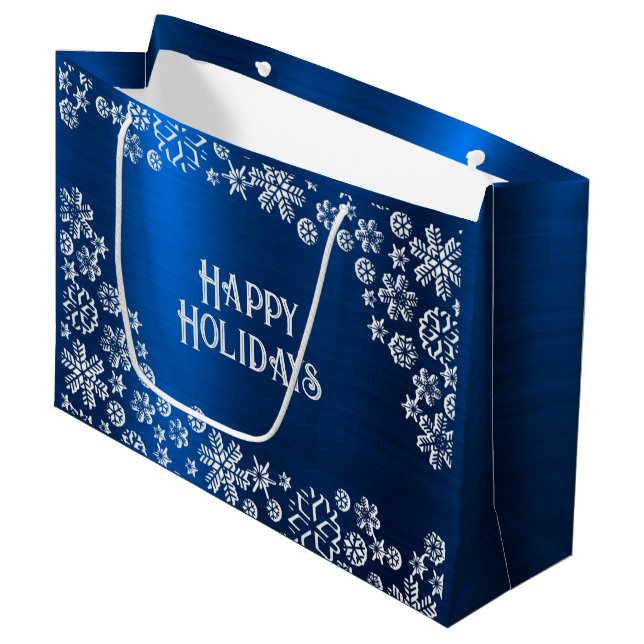 Weihnachts-Party White Snowflakes Navy Blue Große Geschenktüte (Vorderseite Schrägansicht)