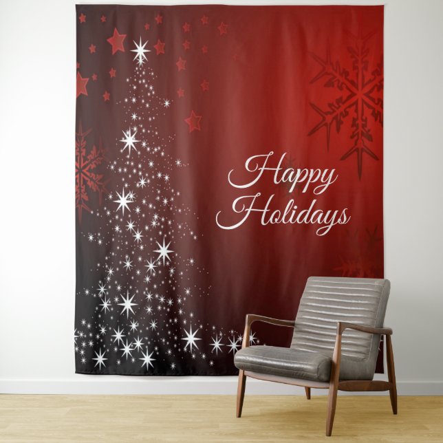 Weihnachts-Party White Stars Tree Rote Schneeflock Wandteppich (Beispiel)